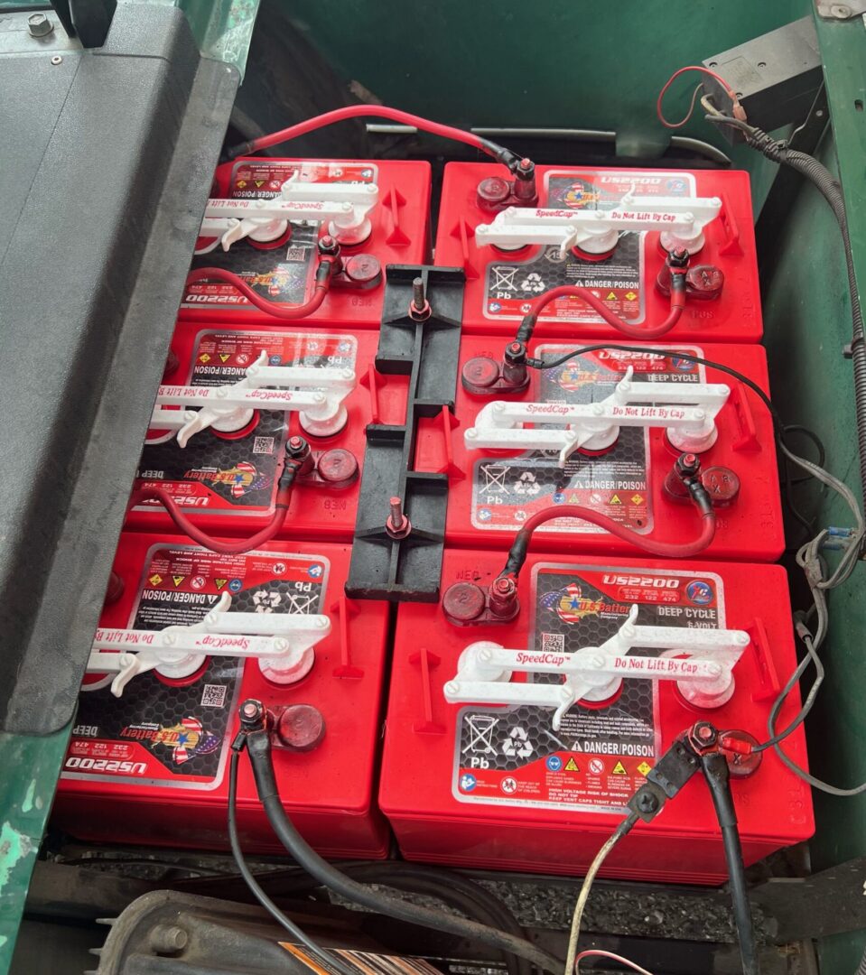 A bunch of red batteries are in the box